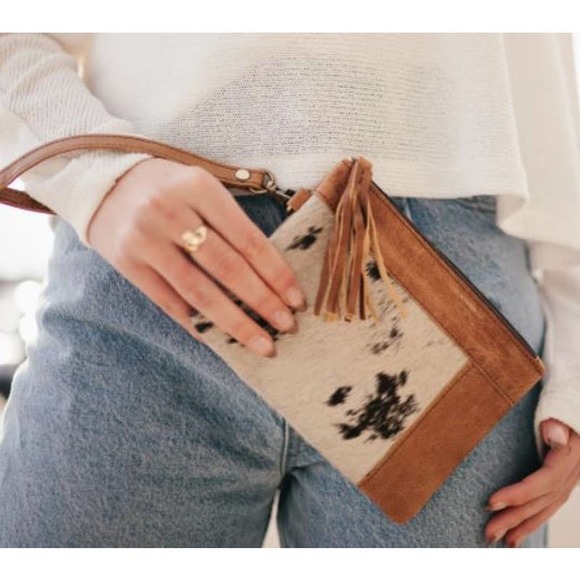 Pretty Simple Handbags - Framed Leather & Cowhide Animal Print Wristlet